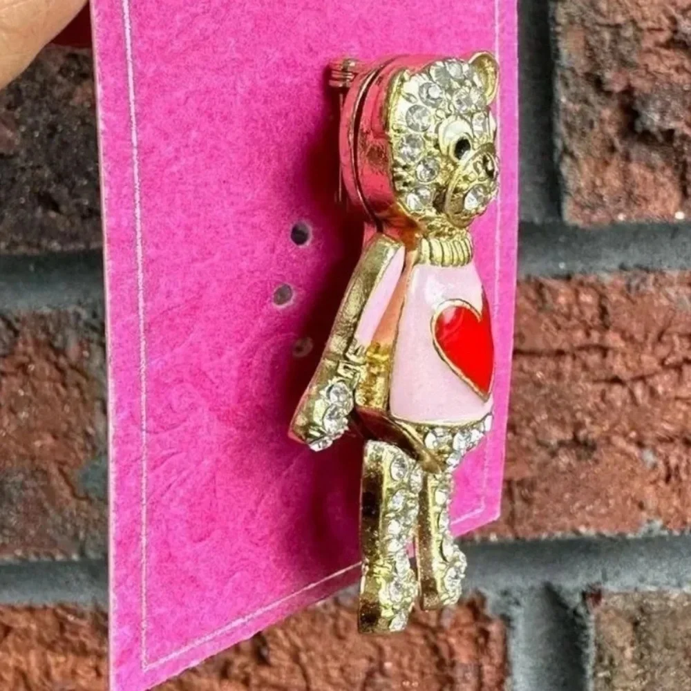 Pink Bear Heart Crystal Brooch